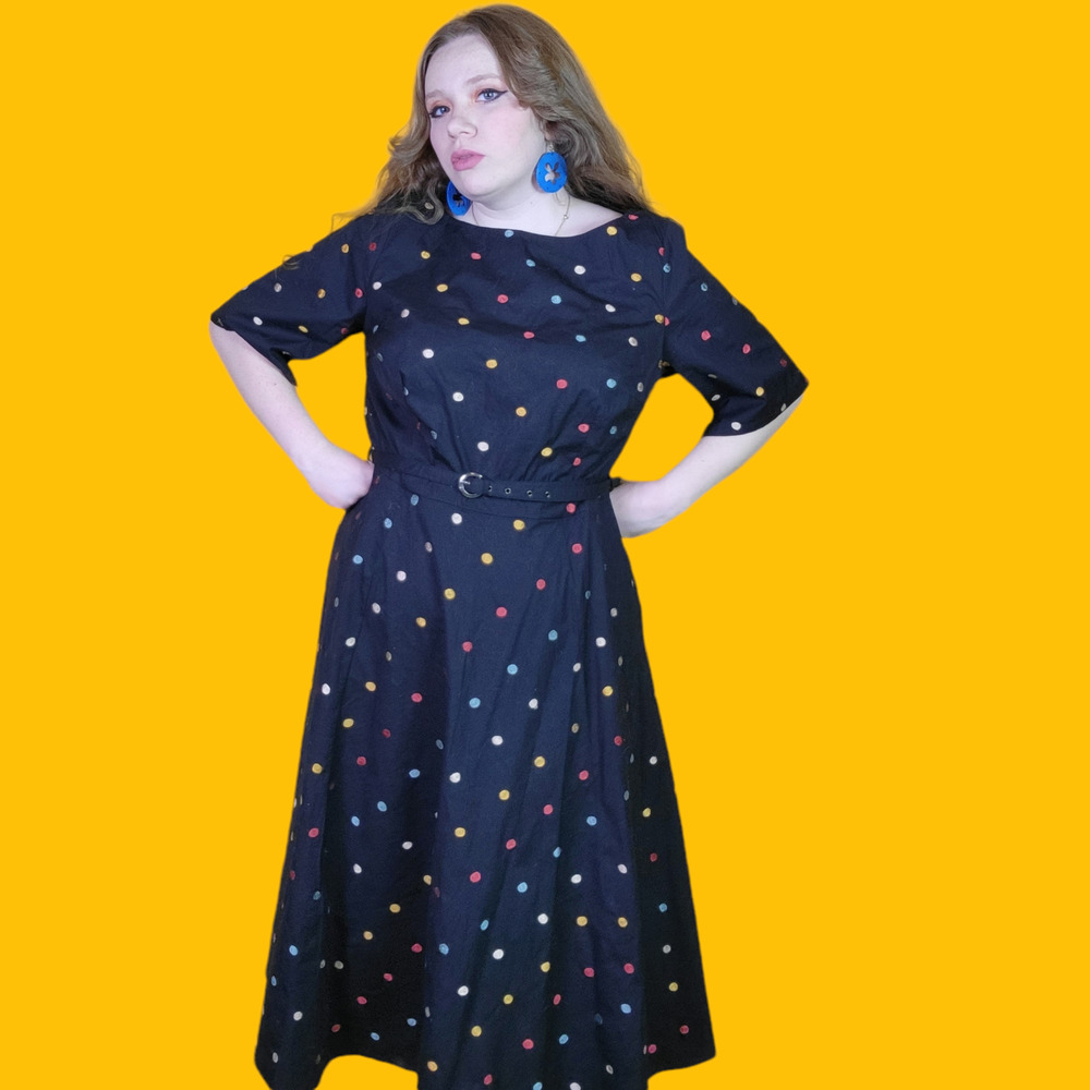 3/$25 eShakti Black Polka Dot Midi Dress, 1X-18W